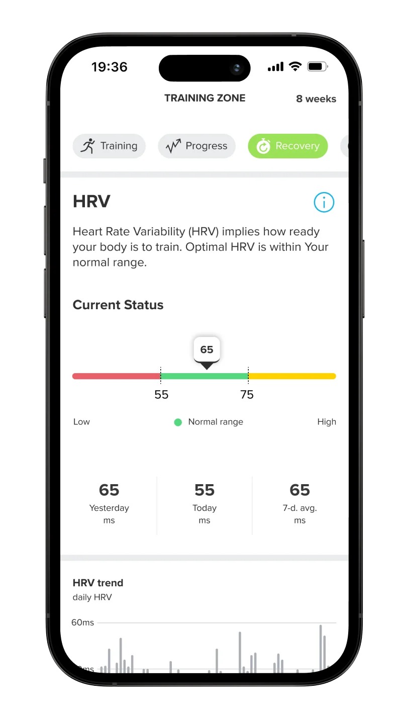 Suunto app HRV status view showing current HRV, normal range and HRV trend.
