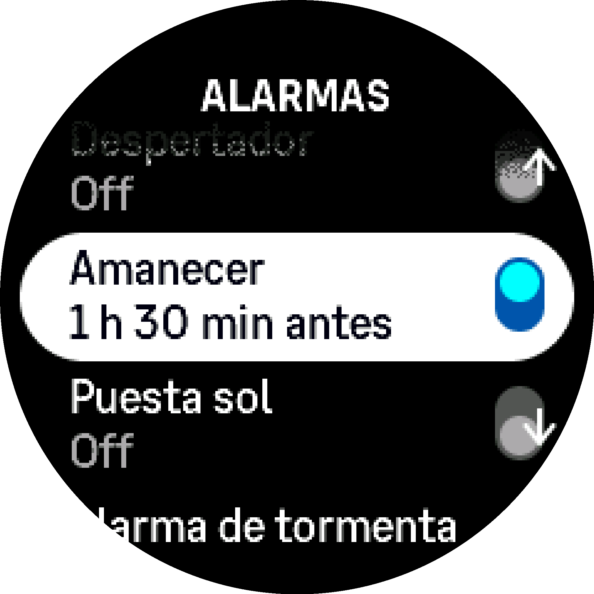 Activar/desactivar alarma de salida y puesta de sol S9PP