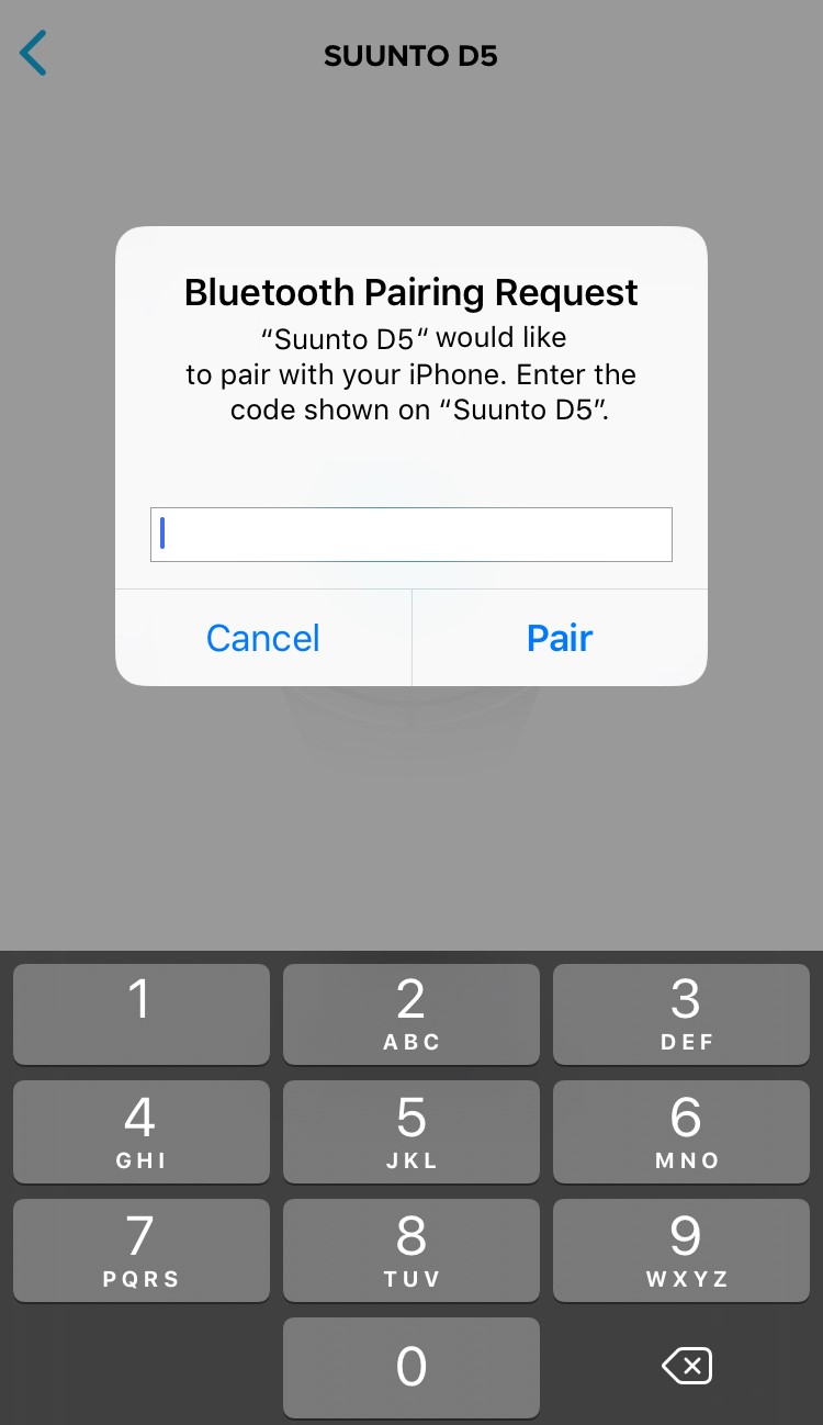 Inserire la passkey per associare Suunto D5 all'app Suunto per iOS